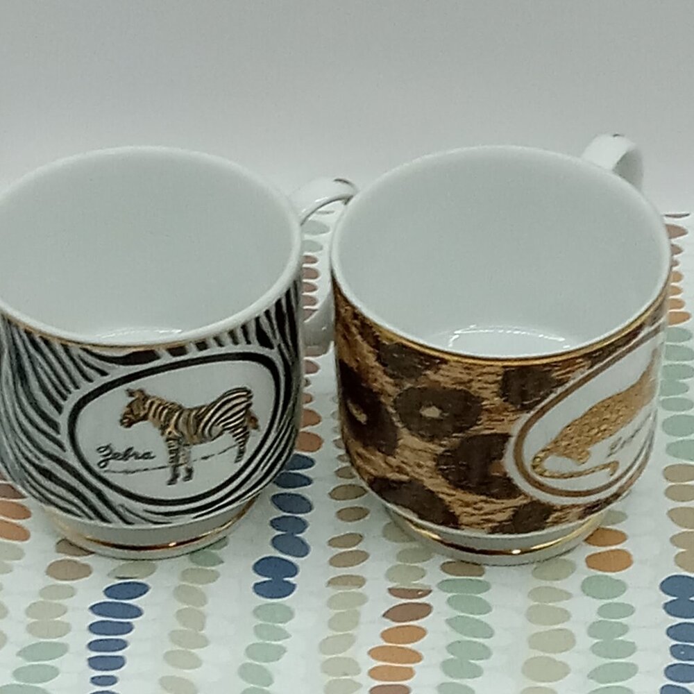 Jungle Theme 80s Leopard Zebra Ceramic Coffee Pedestal Cups 8oz Barware 2 pc - Picture 8 of 10